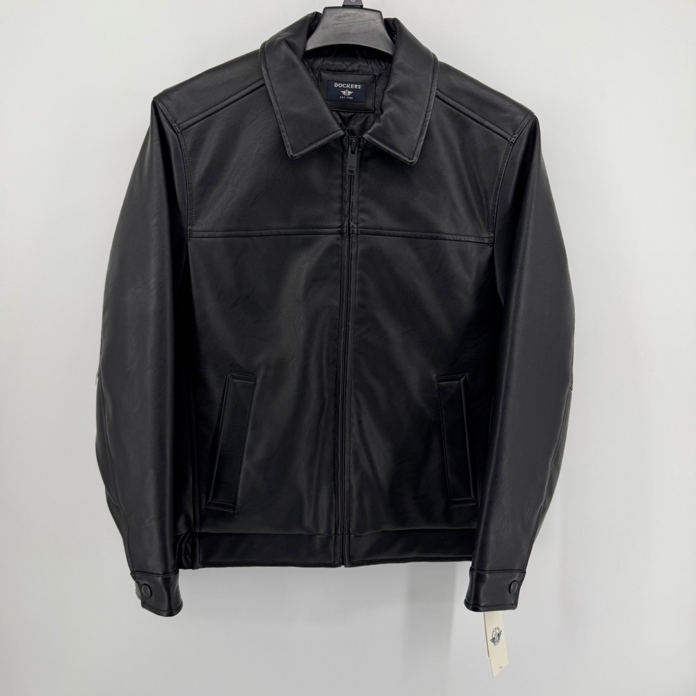 Dockers Bomber Jacket Mens Small Black Faux Leather DM5JU507 Quilted Zip Up